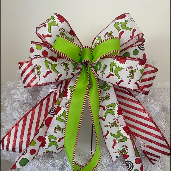 Grinch Wreath bow,Grinchbow,Christmas Grinch bow,Candy Cane,ChristmasTree topper - Picture 2 of 6